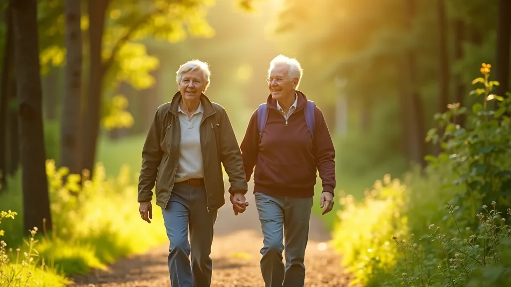 Aktīvi seniori iet pa dabu skaistu pārgājienu taku