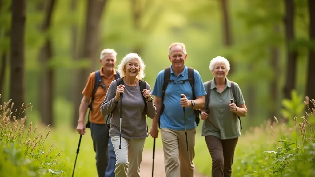Seniori smaidīgi iet pārgājienu takā